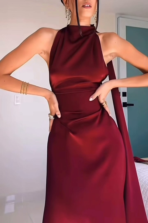 Solid Color Satin Elegant Sleeveless Waist Maxi Dress | Consonak