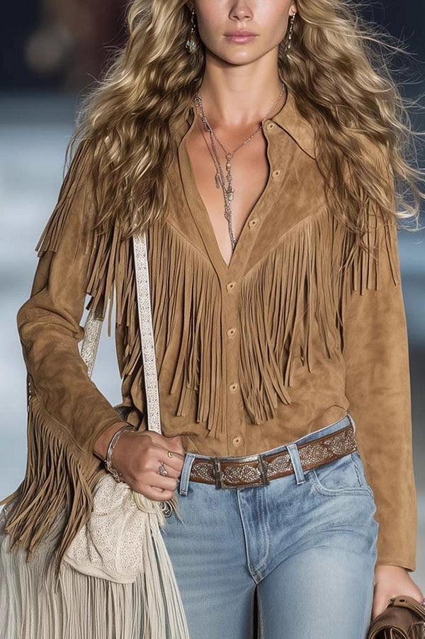 Stylish Lapel Long-sleeved Casual Tassel Suede Jacket-consonak