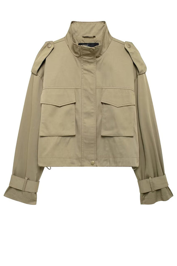 Classic Charm Strap Details Pocketed Cargo Style Zipper Loose Jacket-consonak