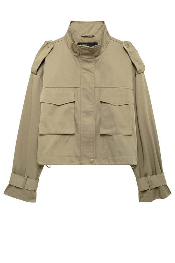 Classic Charm Strap Details Pocketed Cargo Style Zipper Loose Jacket-consonak