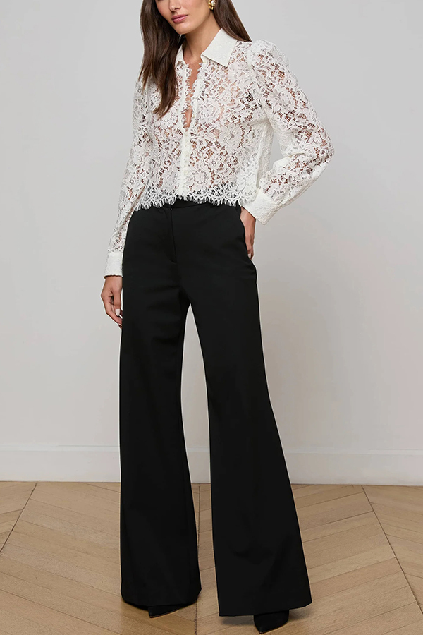 Paris Trends Floral Lace Puff Shoulder  Button Long Sleeve Blouse-consonak