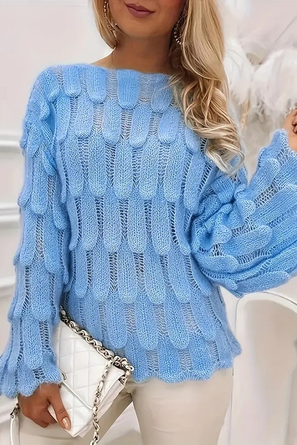 Elegant Feather Hollow Loose Bell Sleeve Knitted Sweater-consonak