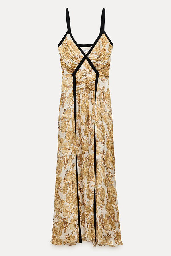 Violet Contrast Unique Print Pleated Backless Strappy Maxi Dress-consonak