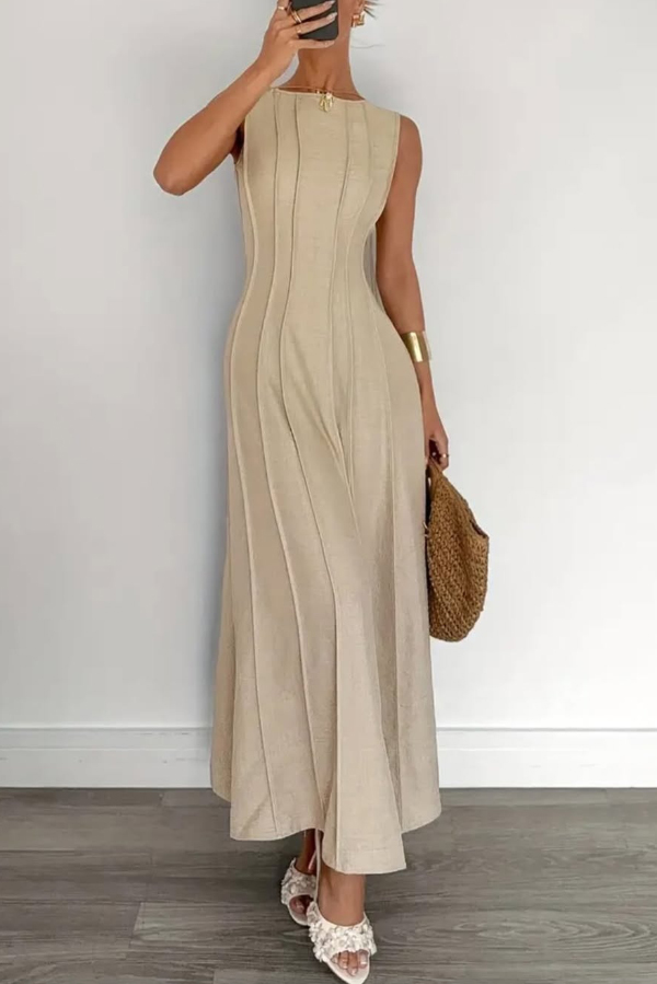 Solid Color Round Neck Sleeveless Elegant Pleated Casual Maxi Dress | Consonak