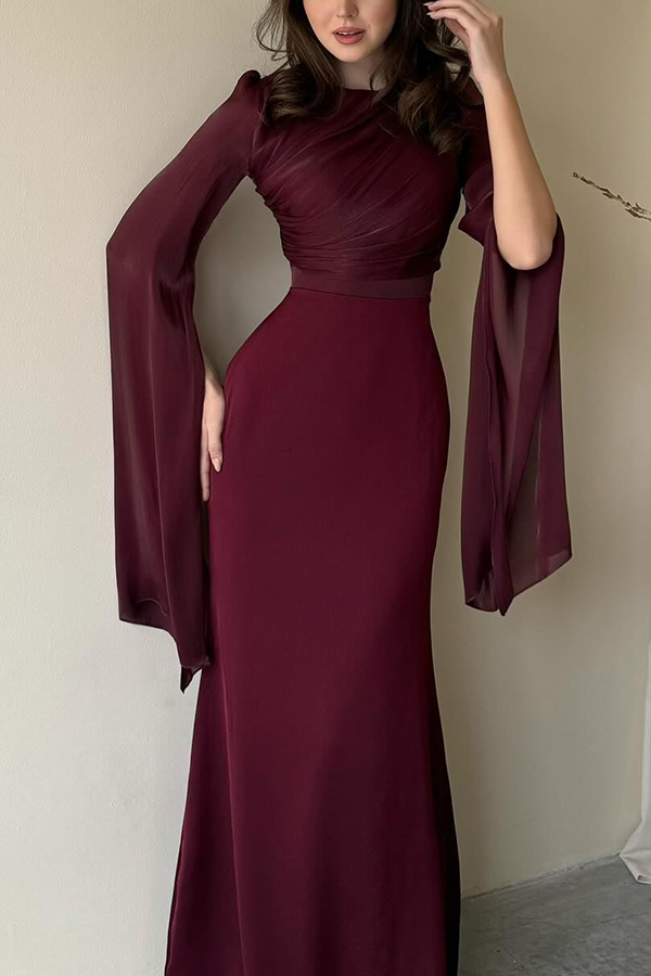 Liora Ruched Organza and Satin Patchwork Design Long Bell Slit Sleeve Maxi Dress-consonak