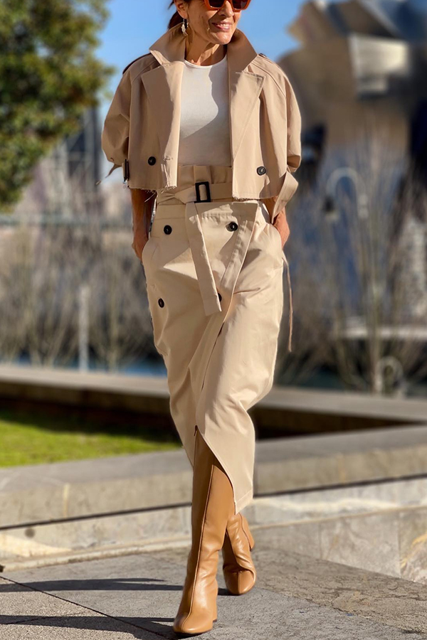 Work Style Lapel Long Sleeve Jacket and Button Belt Pocketed Slit Midi Skirt Set | Consonak