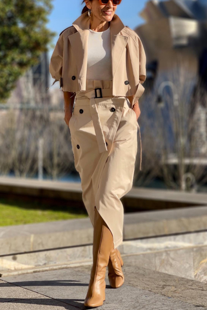 Work Style Lapel Long Sleeve Jacket and Button Belt Pocketed Slit Midi Skirt Set-consonak