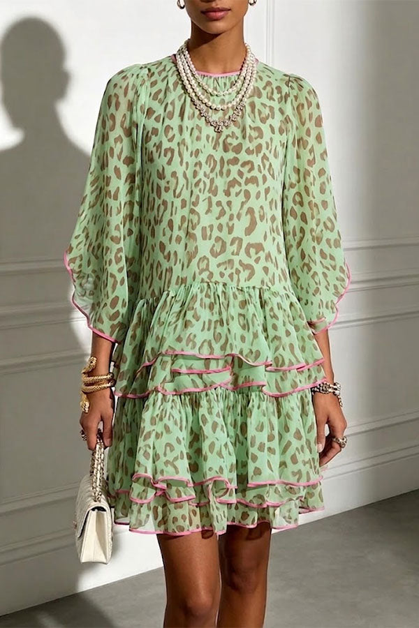 Amara Green Leopard Print Tiered Ruffle Mini Dress-Consonak