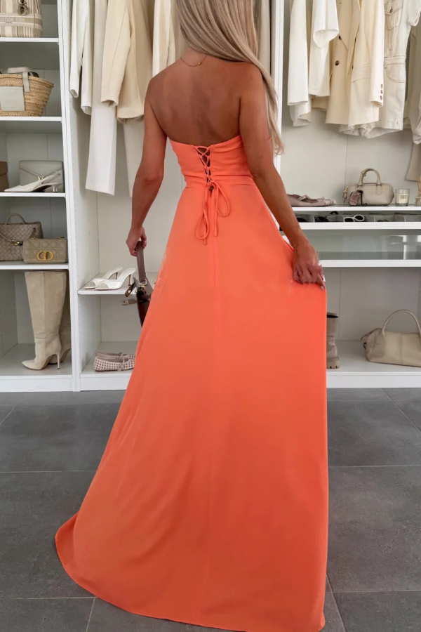 Stylish Sleeveless Off-shoulder Elegant Back Tie-up Slit Maxi Dress