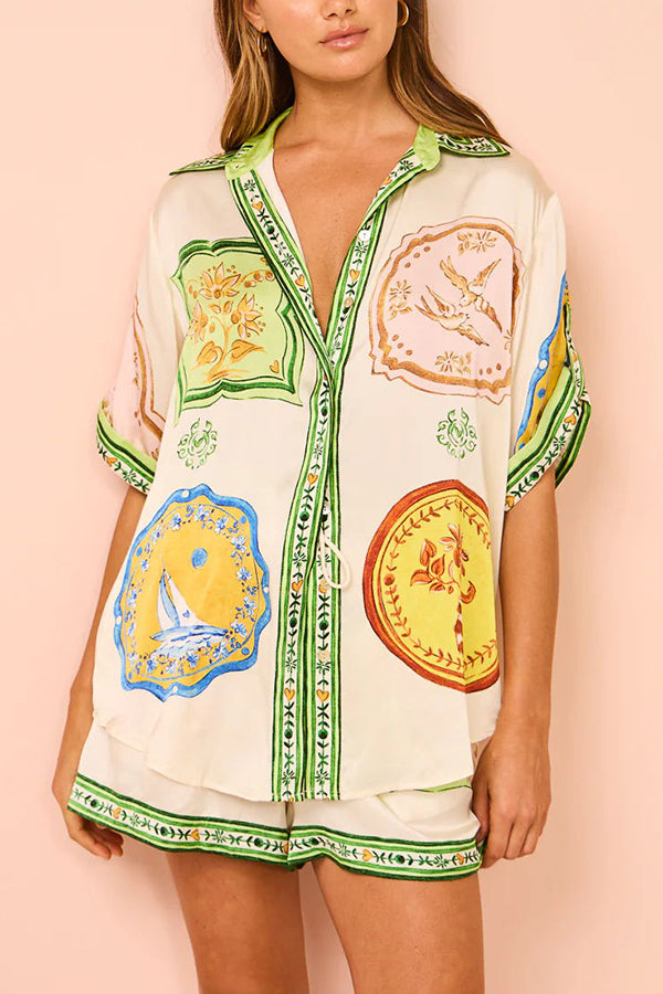 Tropical Escapes Satin Unique Print Shirt and Elastic Waist Pocketed Button Shorts Set-consonak