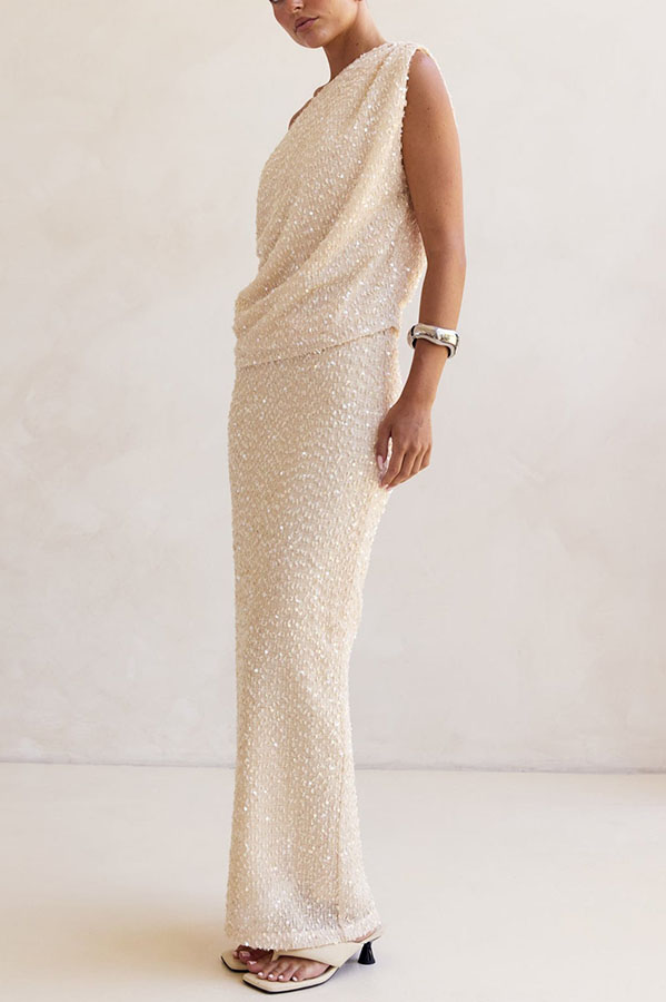 Milla Knit Sequin Asymmetrical Neck Draped Loose Top-consonak