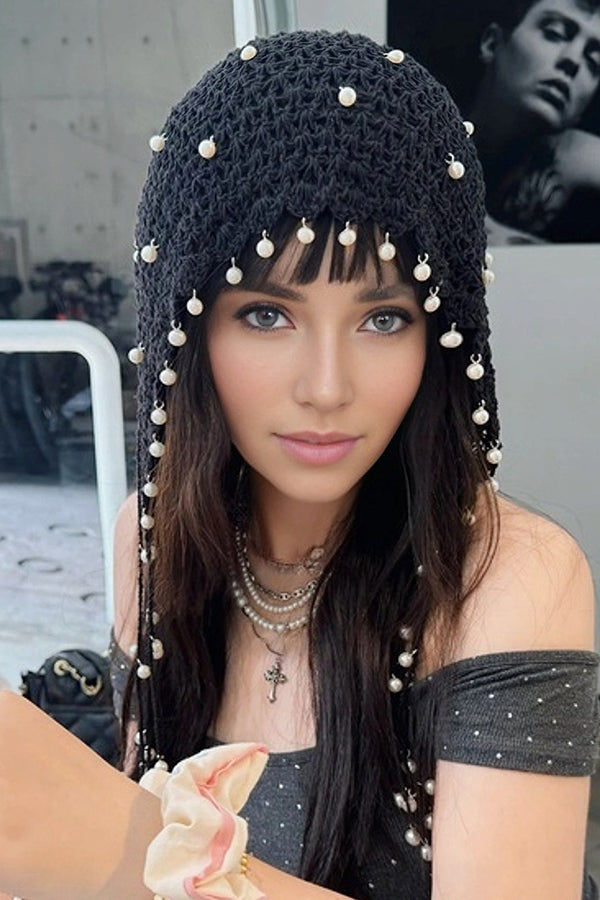 Solid Pearl Embellished Hollow Knit Hat | Consonak