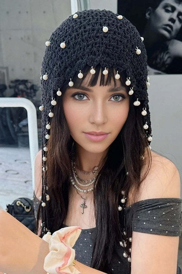 Solid Pearl Embellished Hollow Knit Hat-consonak