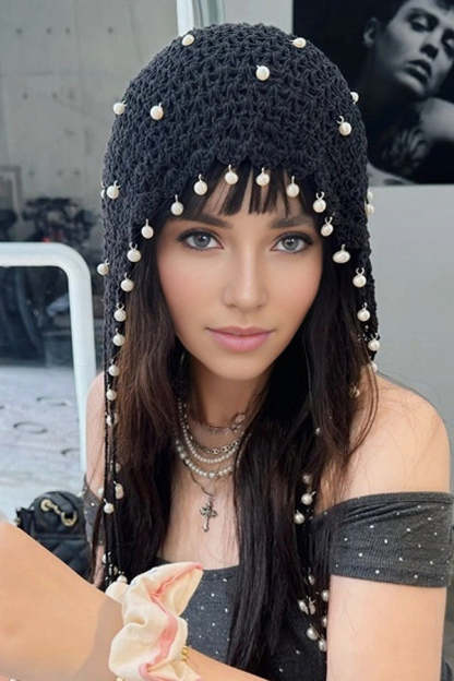 Solid Pearl Embellished Hollow Knit Hat-consonak