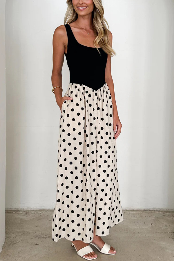 Black and White Color-blocked Polka Dot Print Sleeveless Casual Pocket Maxi Dress | Consonak