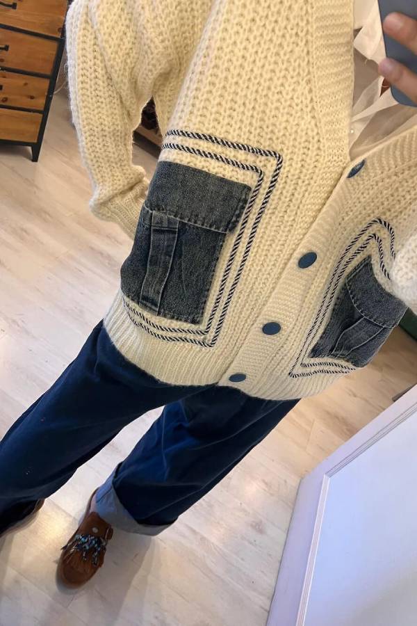Fashionable Loose Spliced ​​denim Pocket Knitted Sweater Cardigan-consonak