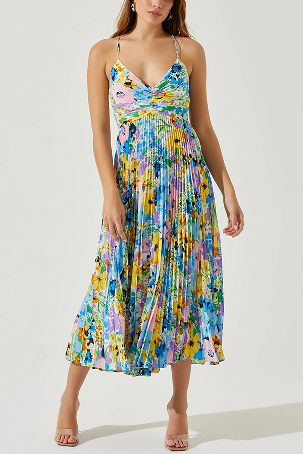 Wedding Party Season Floral Print Pleated Back Tie-up Midi Dress-consonak