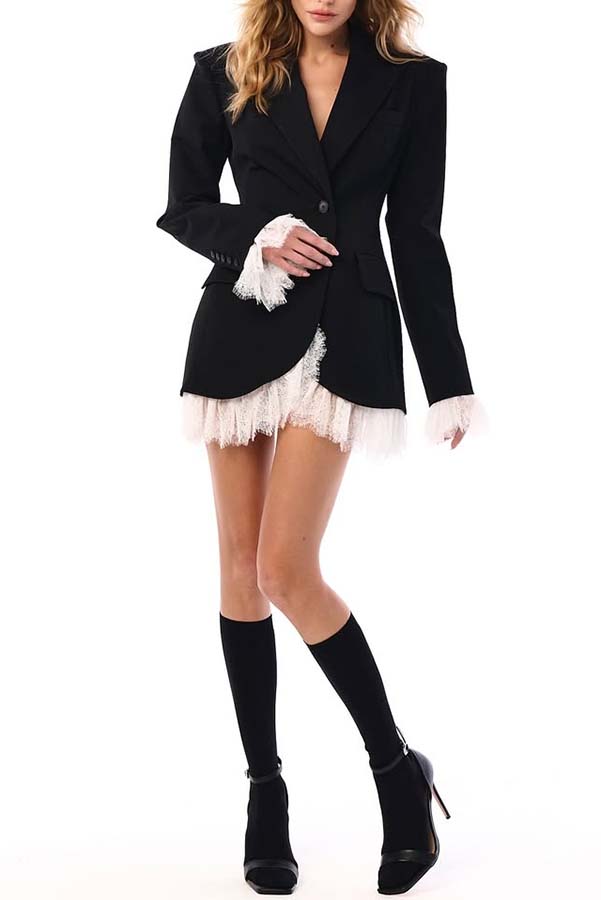 Cue The Chic Lace Trim Button Long Sleeve Lapel Blazer Mini Dress-consonak