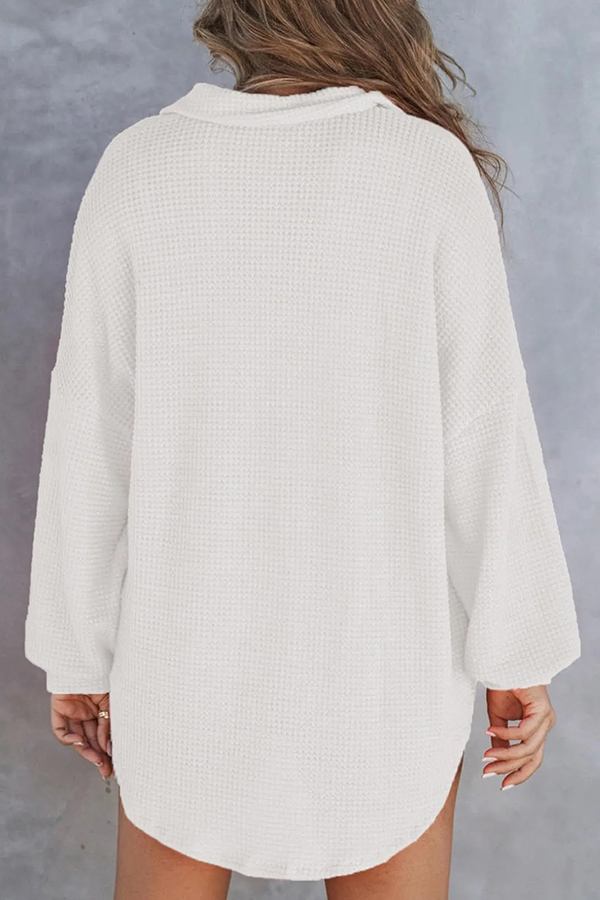 Solid Color Waffle Loose Casual Knitted Pocket Top-consonak