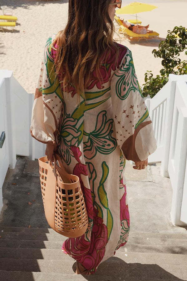 Tracey Linen Blend Unique Print Balloon Sleeve Tie-up Tunic Maxi Dress-consonak