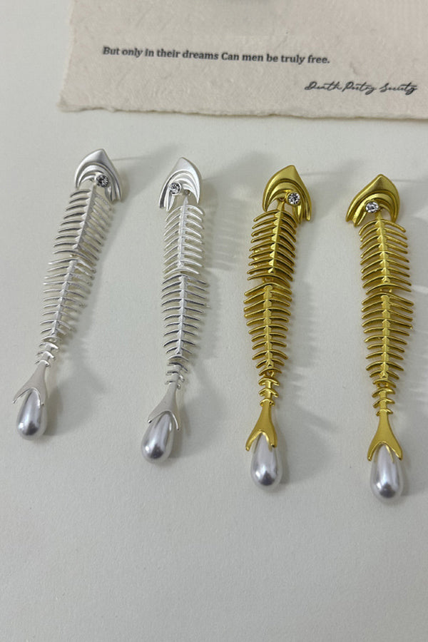 Personalized Fishbone Diamond Pearl Pendant Earrings-consonak