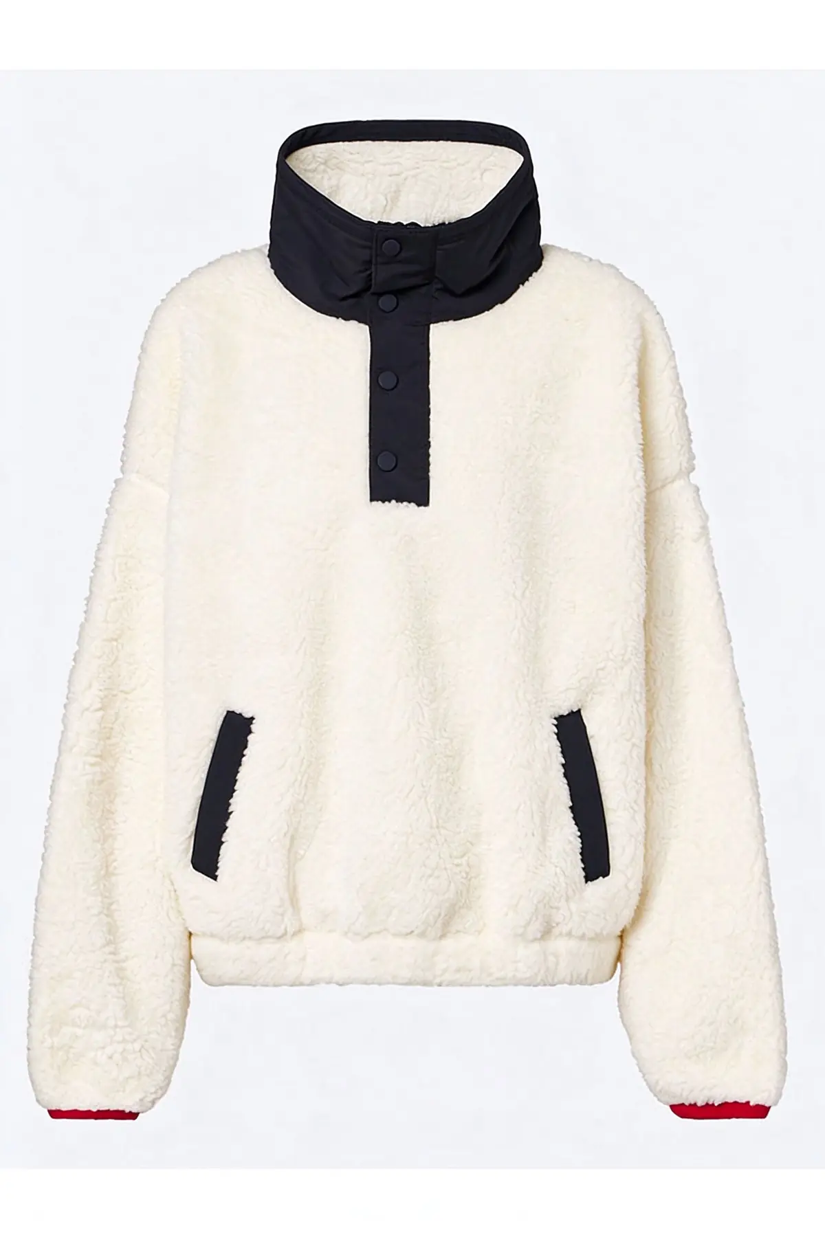 Cute Bear Print Colorblock High-Pile Fleece Zipper High Neck Long Sleeve Pocket Sweatshirts-Consonak