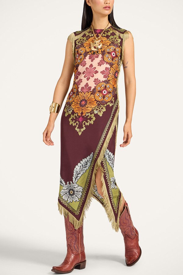 Bohemian Style Floral Print Tassel Trim Irregular Hem Slit Scarf Midi Dress | Consonak