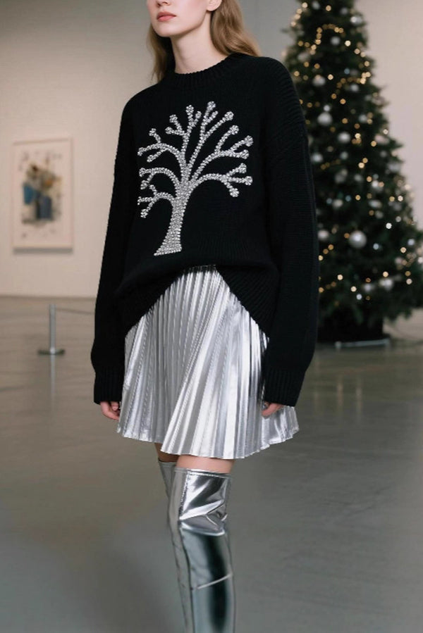 Silver Christmas Tree Loose Long-Sleeved Knit Sweater-consonak