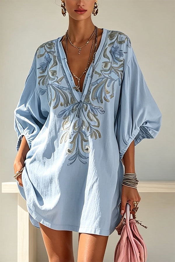 Gypsy Soul V-Neck Puff Sleeve Tunic Dress-Consonak