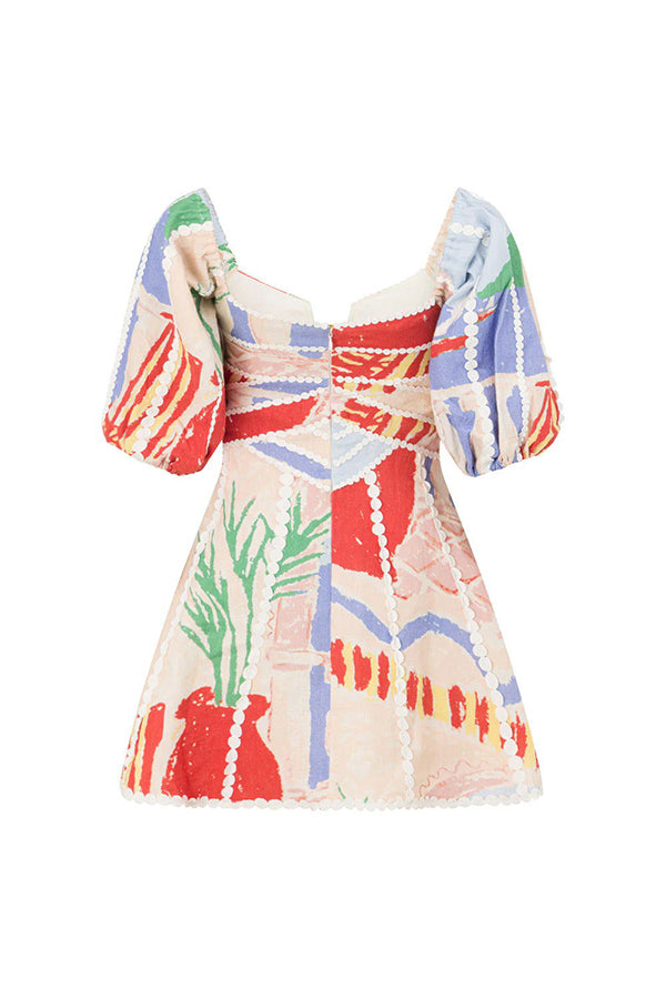 Como Linen Blend Ric Rac Trims Unique Print Puff Sleeve Mini Dress-consonak