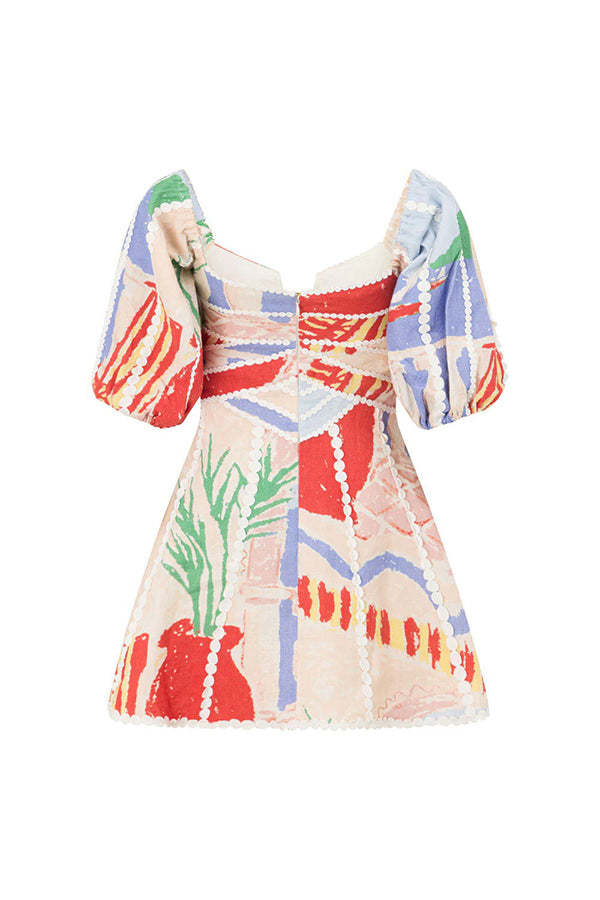 Como Linen Blend Ric Rac Trims Unique Print Puff Sleeve Mini Dress-consonak