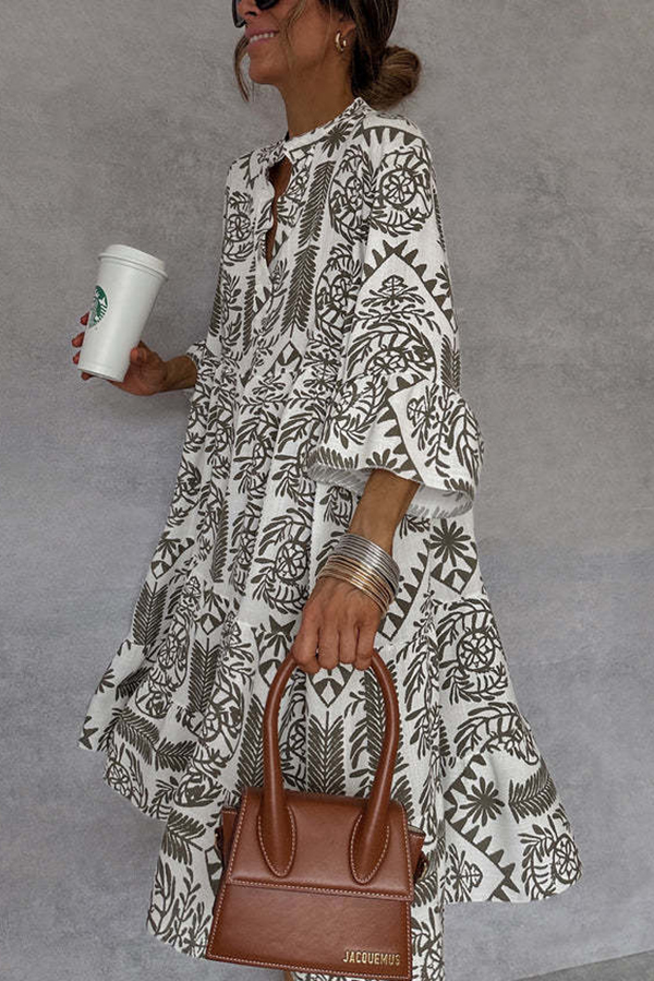 Unique Printed V-neck Bell Sleeve Mini Dress-consonak