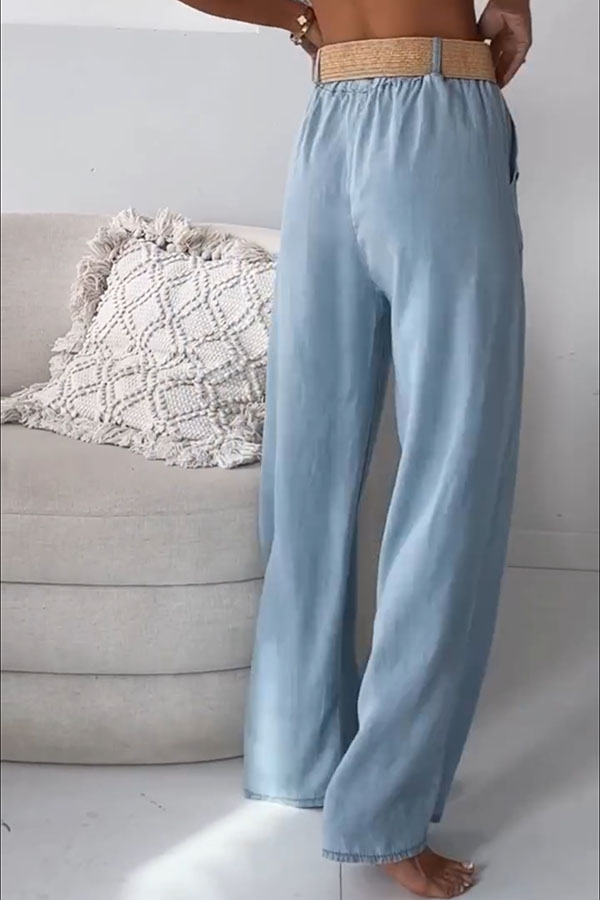 Lopez Denim Side Button Pocket Woven Round-Buckle Belt Elastic Waist Wide Leg Jeans