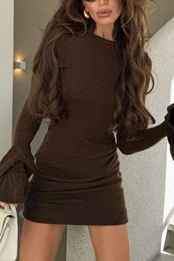 Solid Color Round Neck Bell Sleeve Slim Knit Mini Dress-consonak