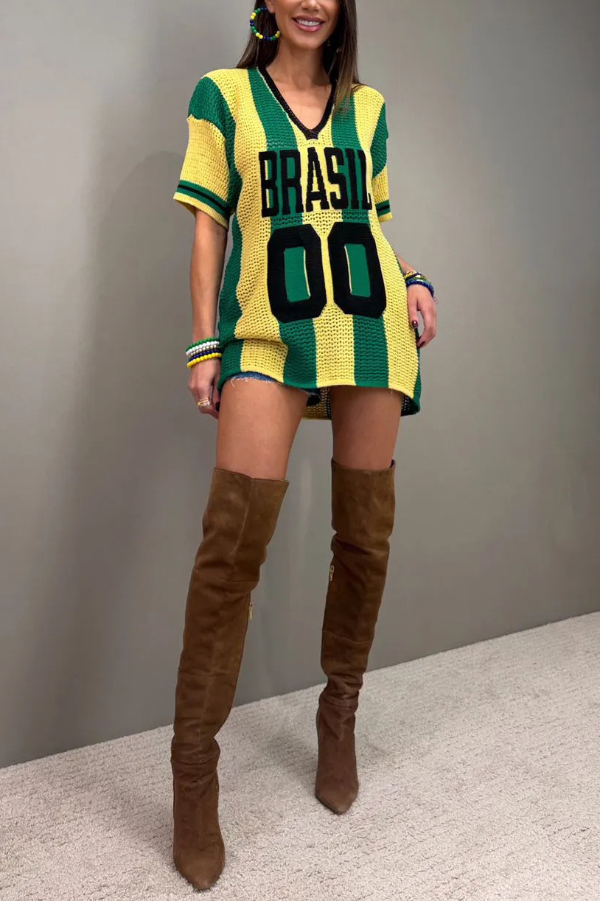 World Cup Letter Jacquard Loose V-neck Short-sleeved Knit Top