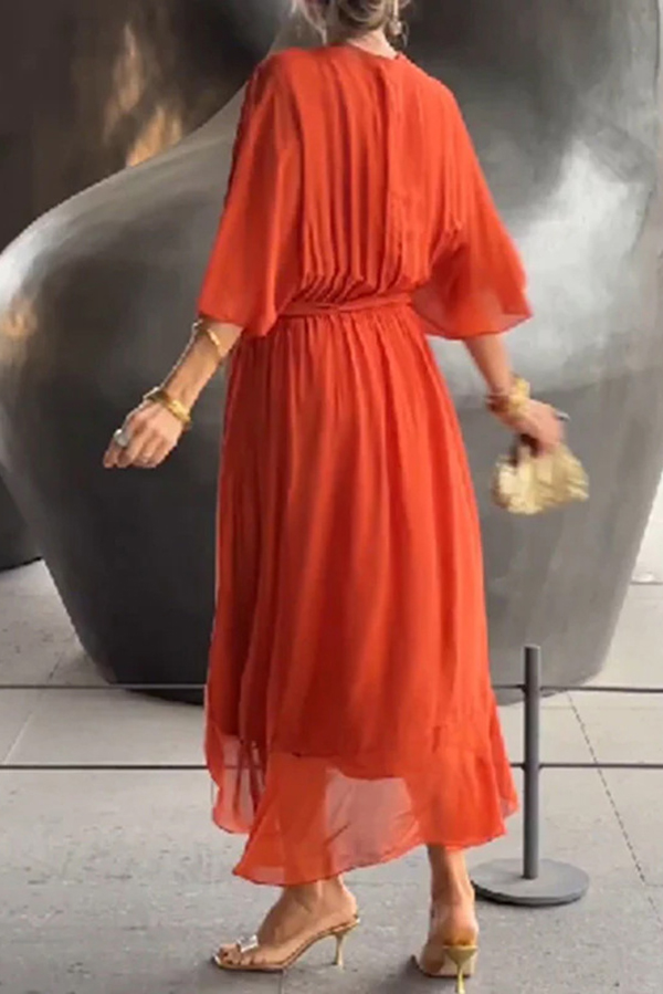 Solid Color V-neck Bat Sleeve Lace-up Irregular Hem Midi Dress-consonak