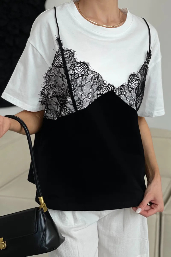Fashionable Lace Patchwork Loose-fitting Round Neck Short-sleeved T-shirt