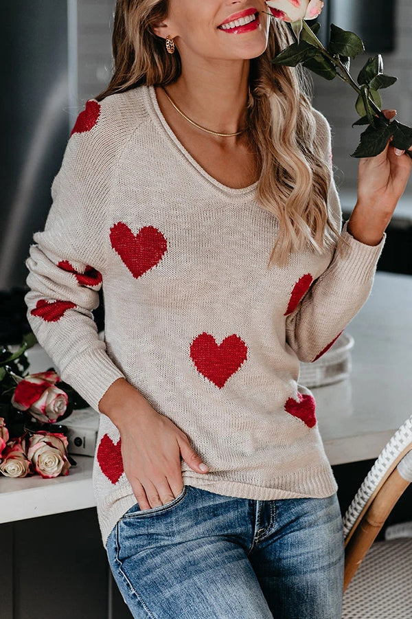 Stylish Color-blocked Heart-patterned Long-sleeved Loose Knit Sweater-consonak