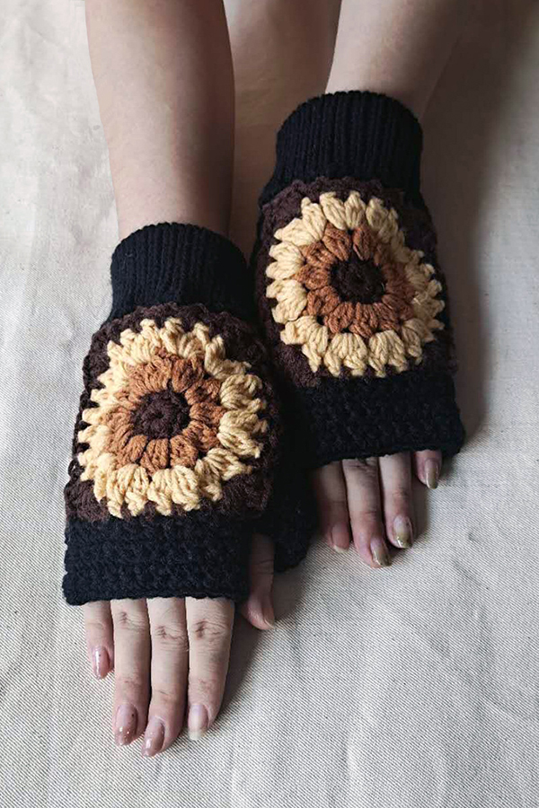 Knitted Sunflower Warm Half Finger Wool Gloves-consonak
