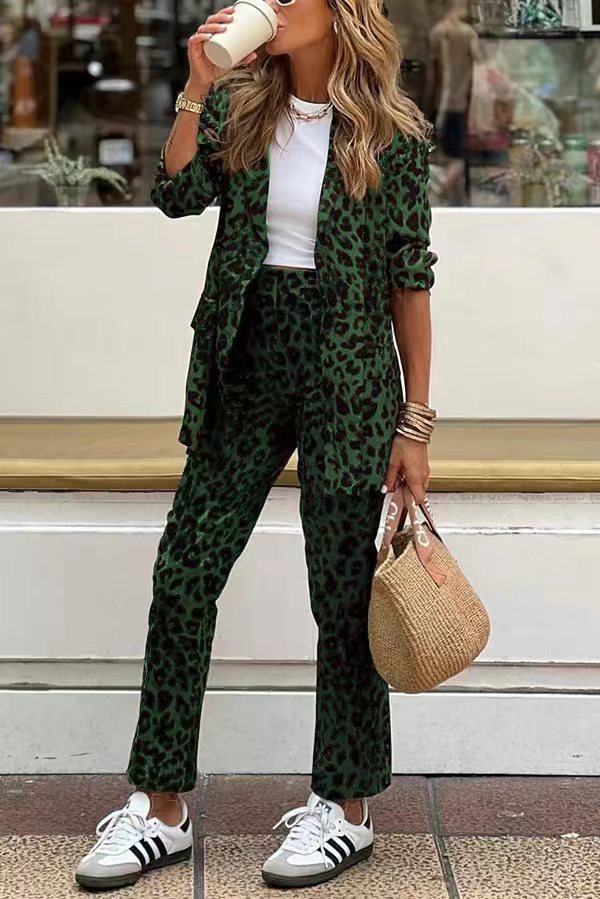 Wild Personality Leopard Pocket Relaxed Lapel Blazer and Elastic Waist Pants Set | Consonak