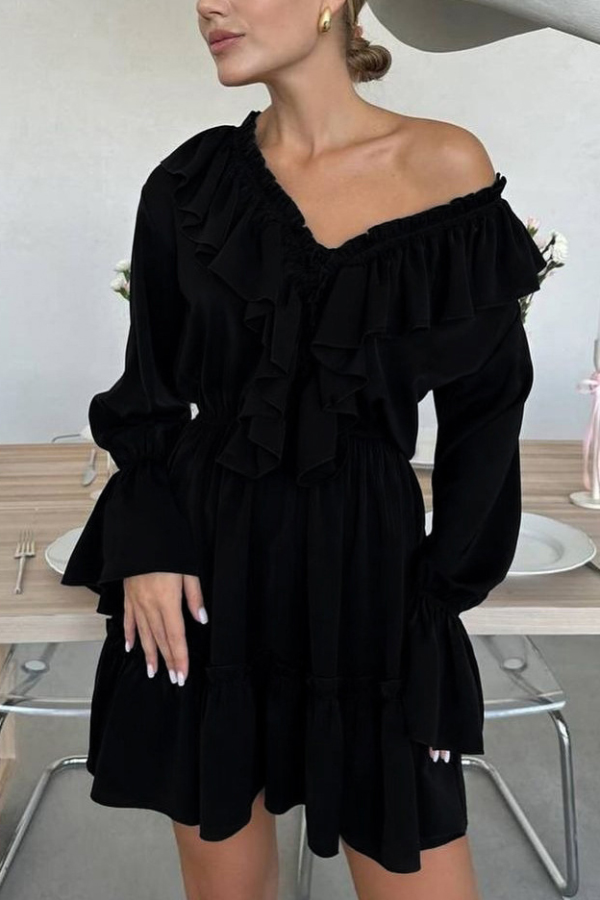 Solid Color V-neck Ruffled Ruched Long-sleeved Vacation Mini Dress | Consonak