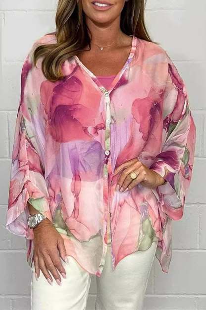 Unique Printed Long Sleeve V-neck Chiffon Loose Shirt-consonak