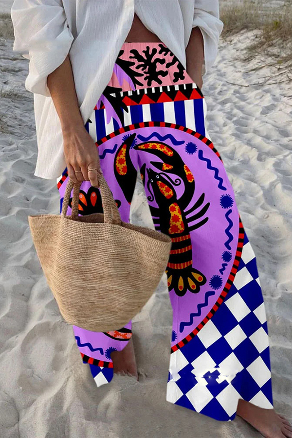 Unique Marine Print Elastic Waist Loose Pocket Pants-consonak