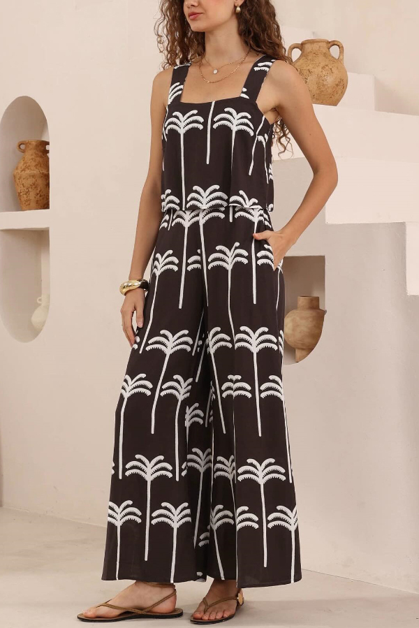 Polka Dot Print Loose Sleeveless Casual Wide-leg Jumpsuit-consonak