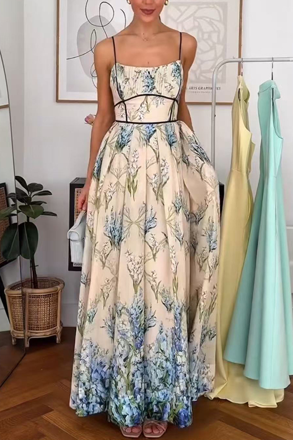 Shari Linen Blend Floral Print Colorblock Strappy Pocket Maxi Dress