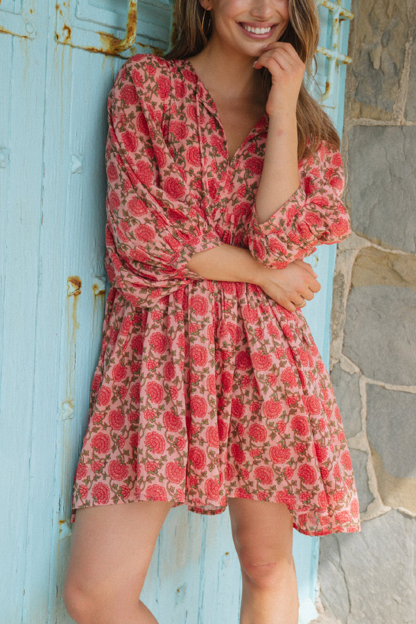 Floral Print Loose Round Neck Tie-up Casual Vacation Mini Dress