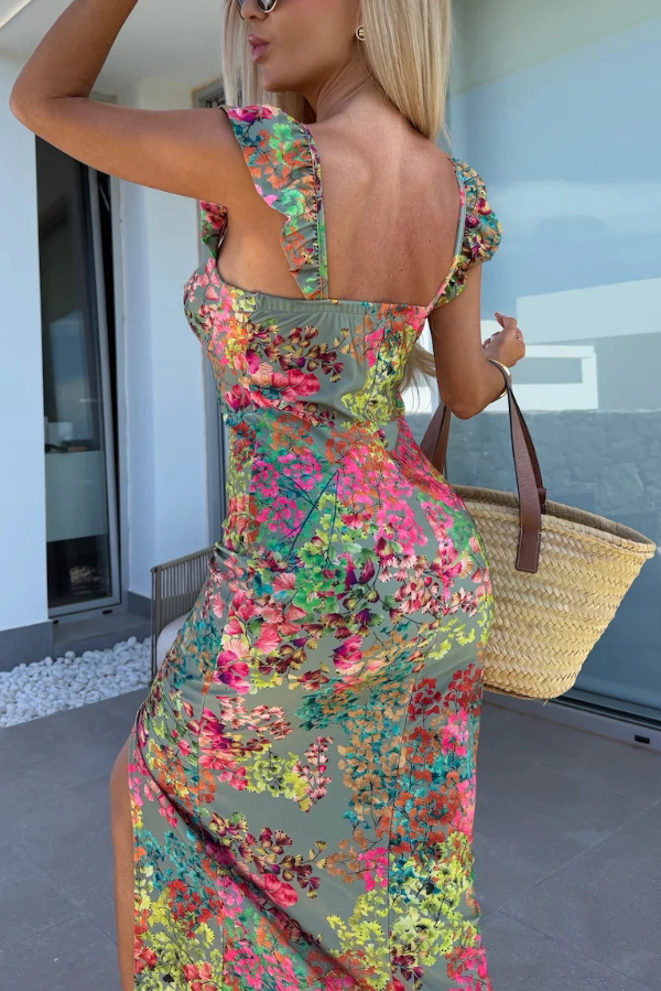 Elegant Floral Print Square Neckline Slim-fit Slit Midi Dress | Consonak