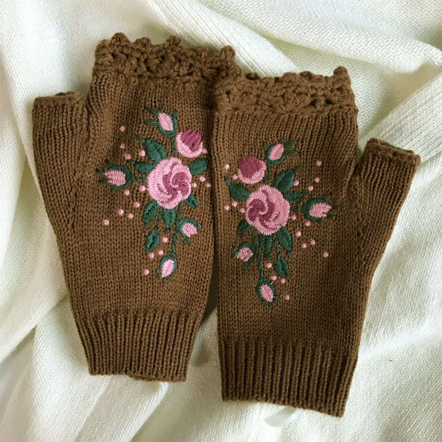 Hand Embroidered Gloves Women's Knitted Gloves Flower Gloves-consonak