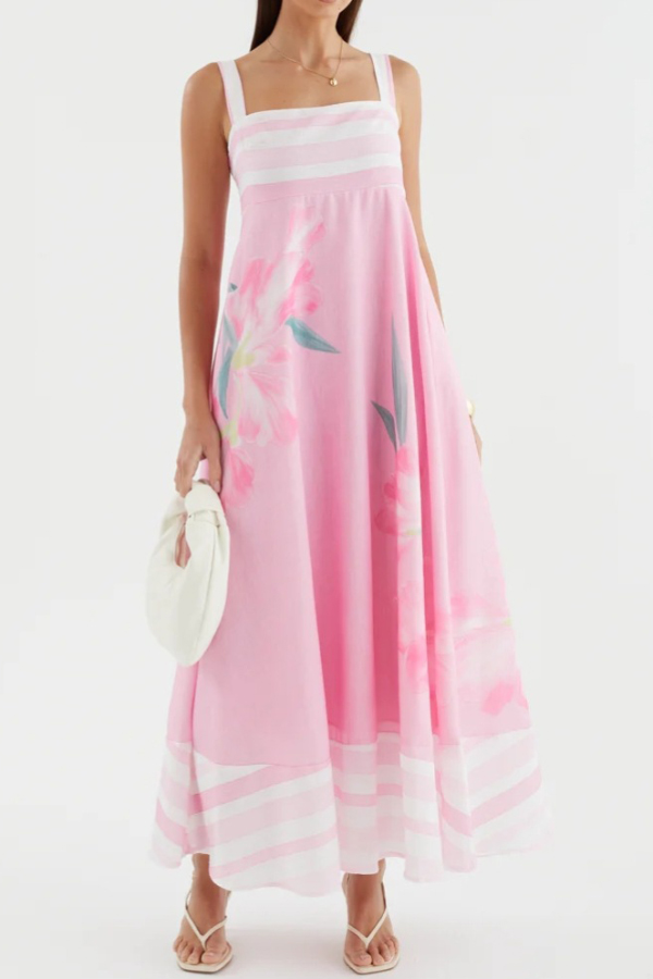 Floral Print Sleeveless Square Neck Casual Pocket Holiday Maxi Dress