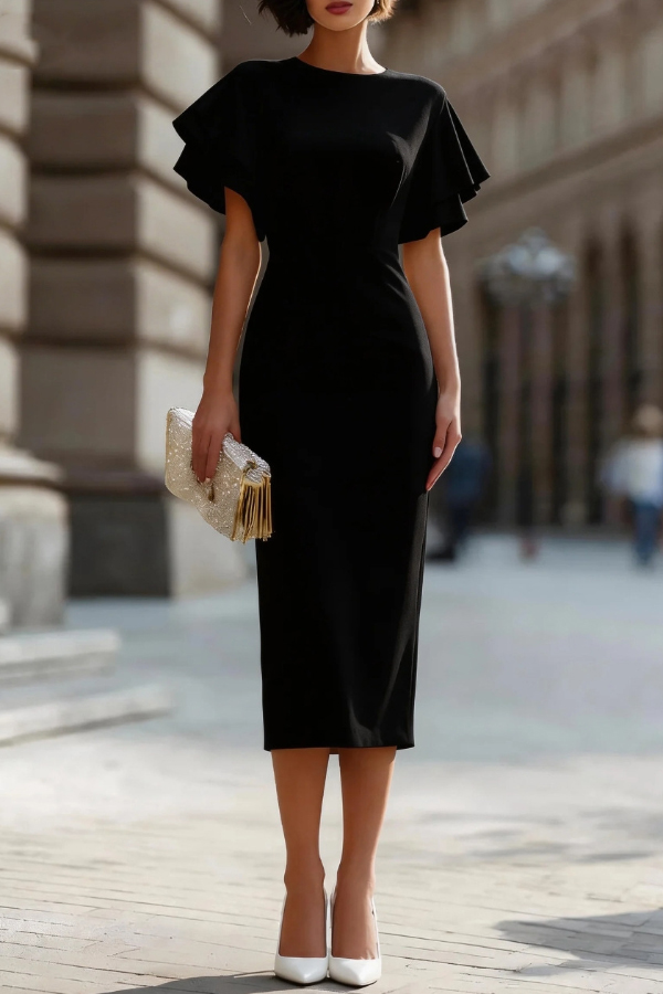 Solid Color Round Neck Ruffle Sleeve Elegant Slim-fit Midi Dress | Consonak